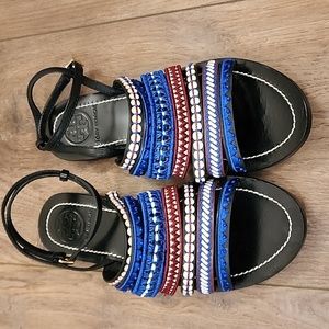 Tory Burch Black Leather Sandals with Blue and Red Embellishment